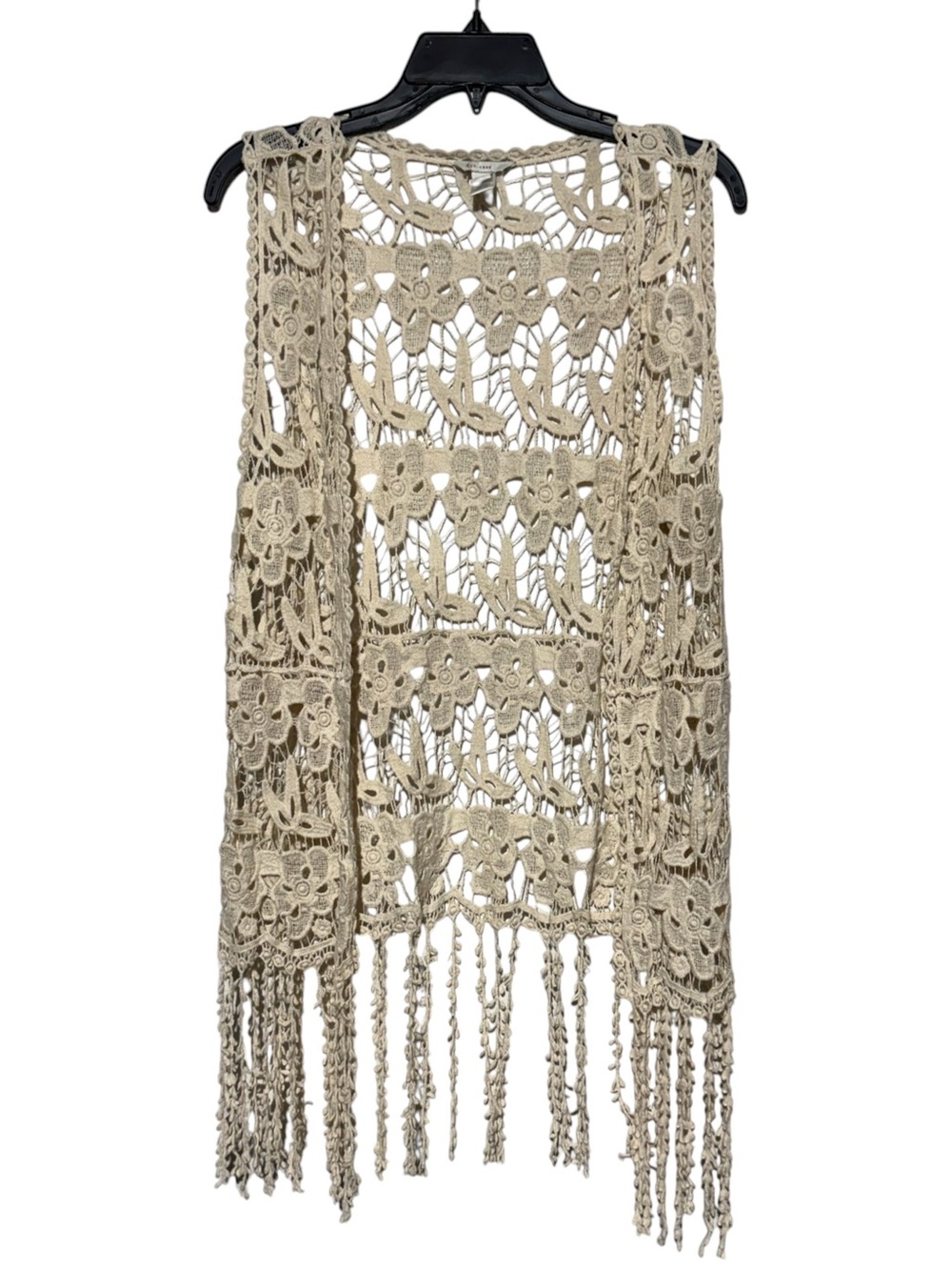 Crochet Fringe Vest Women Size Small 100% Cotton Cream Boho Coastal Cowgirl